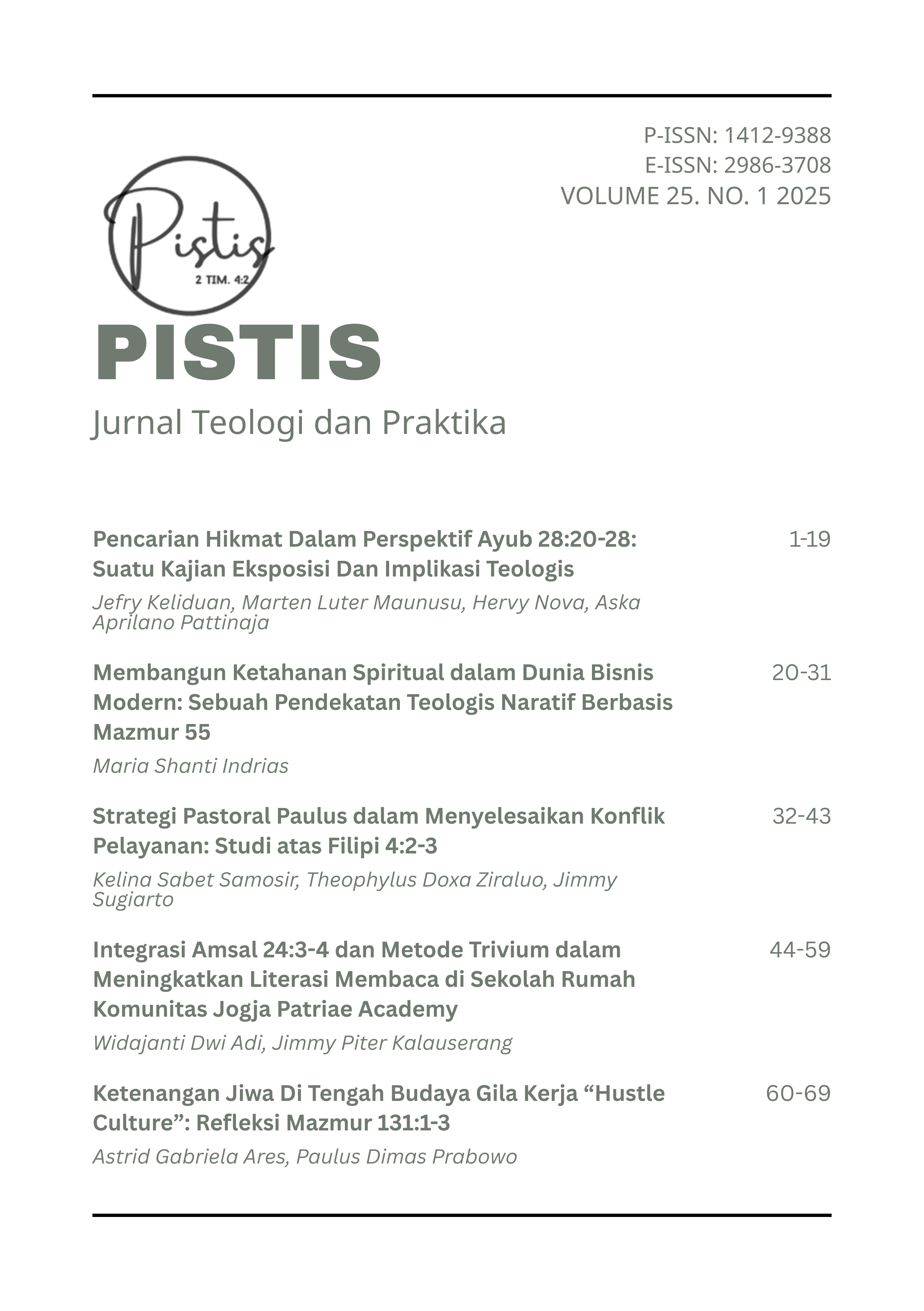 					View Vol. 25 No. 1 (2025): Vol. 25 No. 1 (2025): Pistis: Jurnal Teologi Terapan
				
